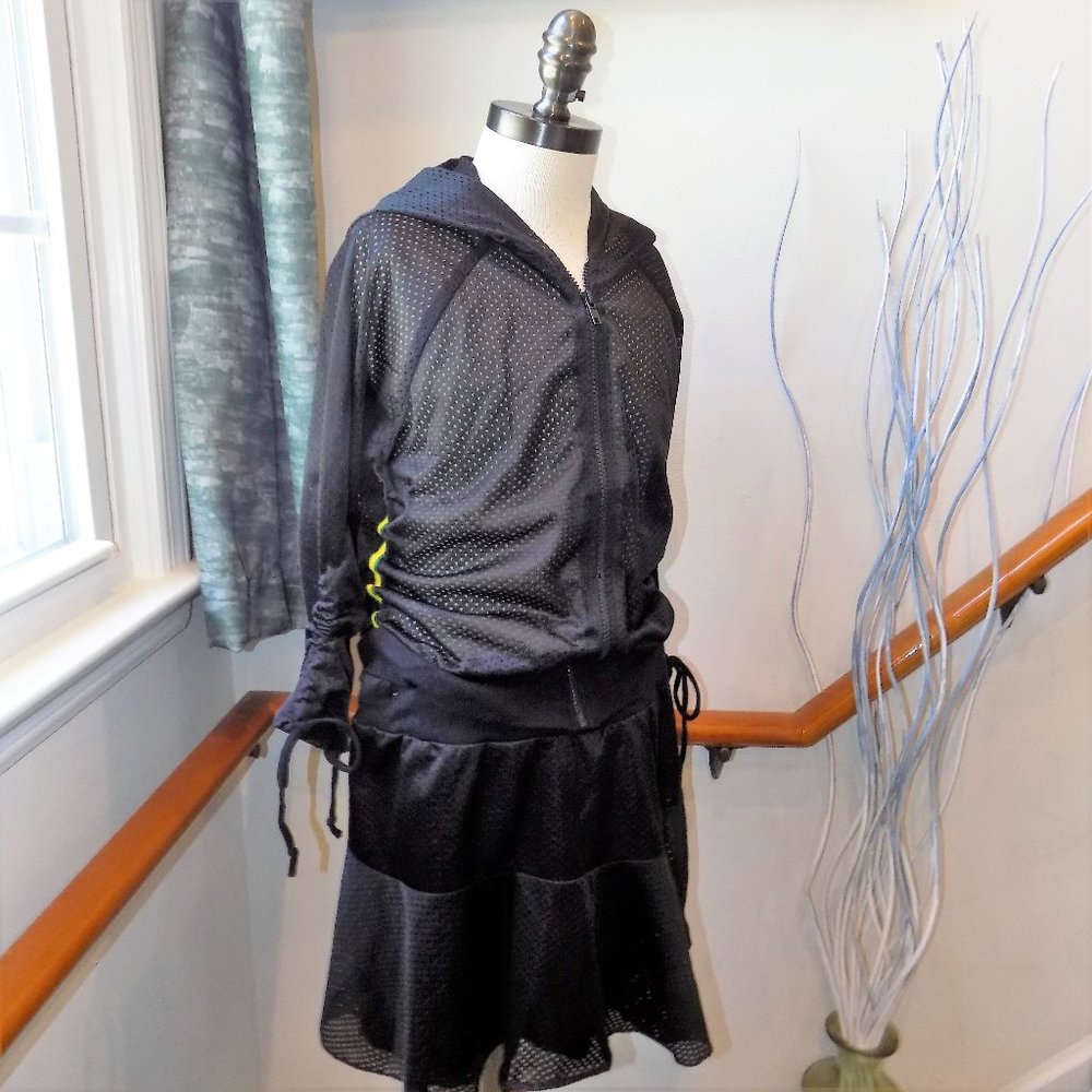 HOUR GLASS Mesh Track Skirt Suit Size Medium Black Green & Yellow Detail